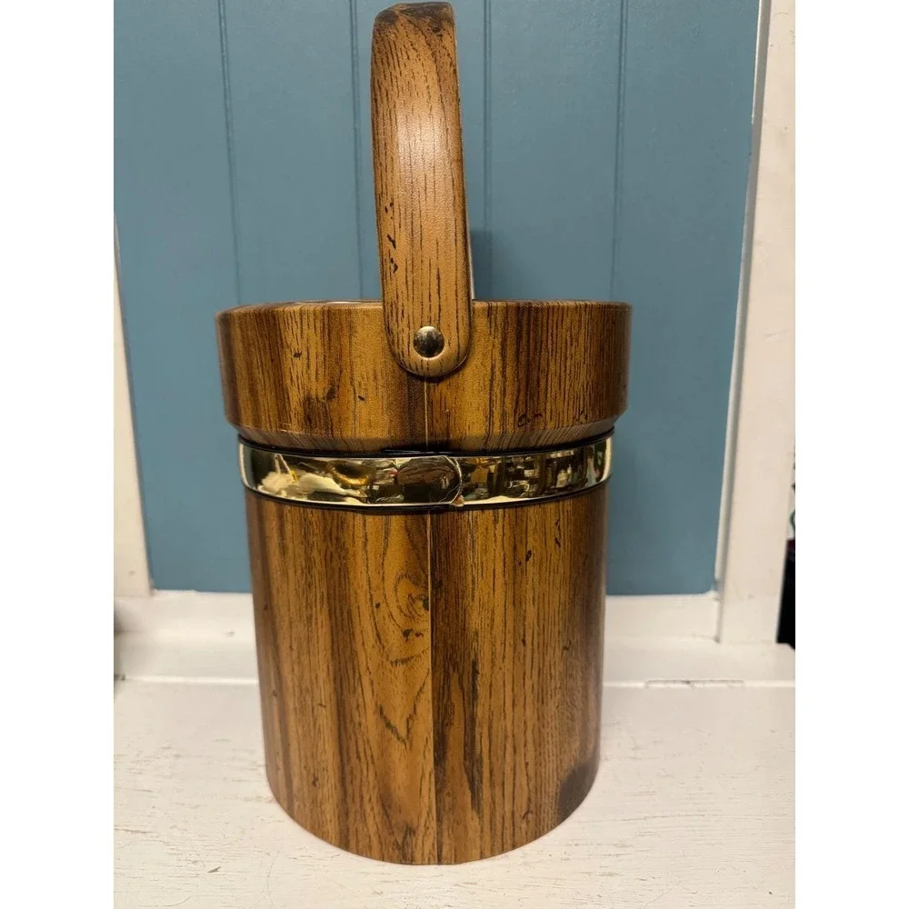 Vintage Mid Century Modern Wood Grain Ice Bucket Gold Trim MCM Barware